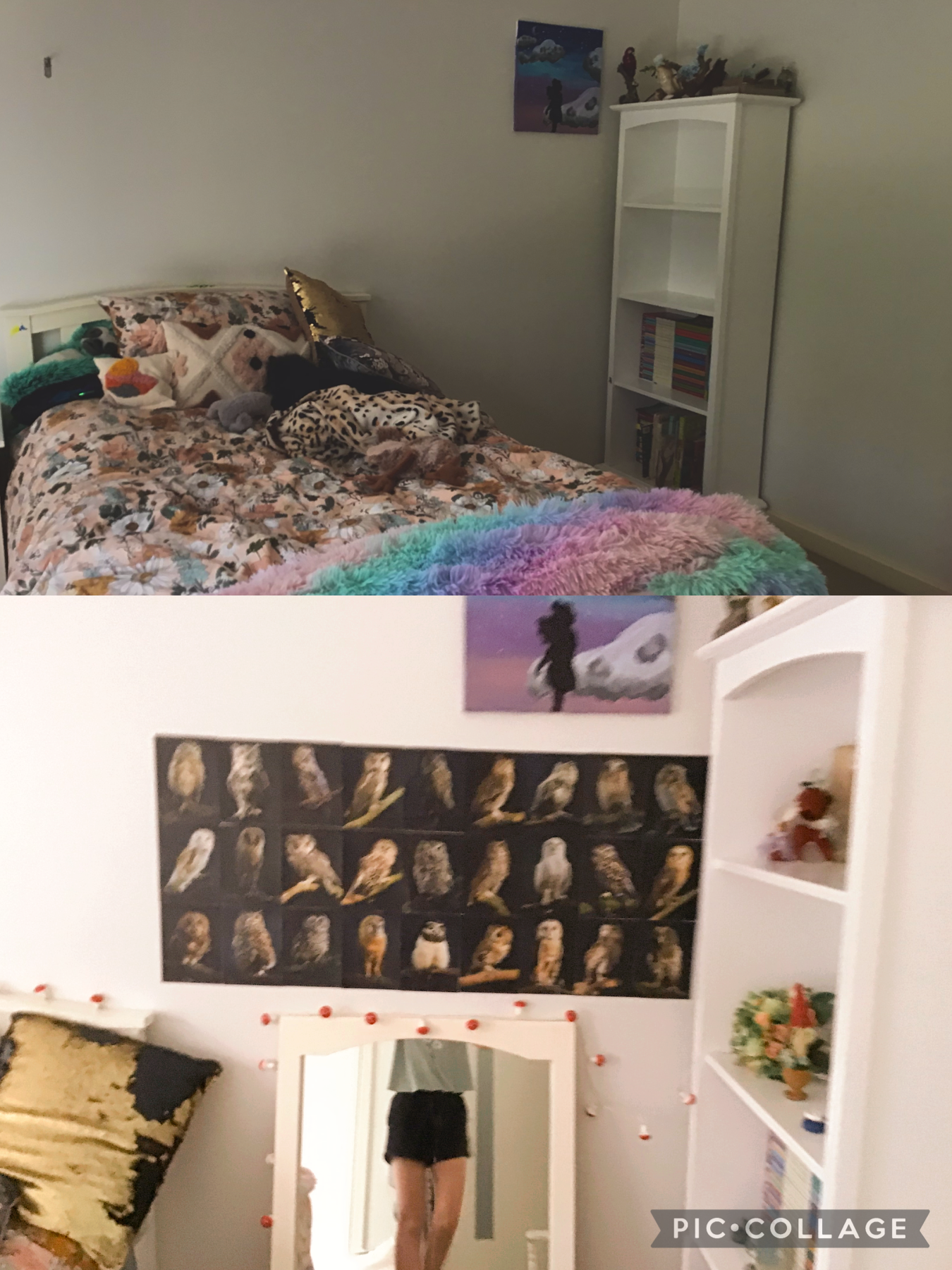 My new room 💕 room makeover, bed, mirror, bookshelf, cabinet, pillows, blankets, lights, birds, wall collage.