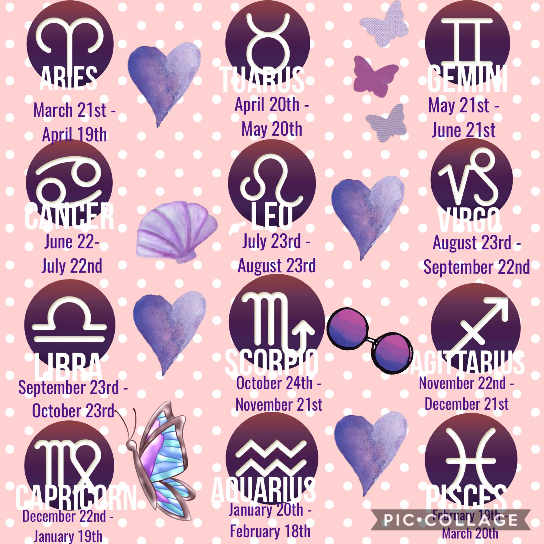 Here’s a chart to see what star sign you are. It’s based on your birthday, so find your birthday to find your sign. For example if you’re born on the 27th of October you would be a Scorpio ♏️.  #zodiac3