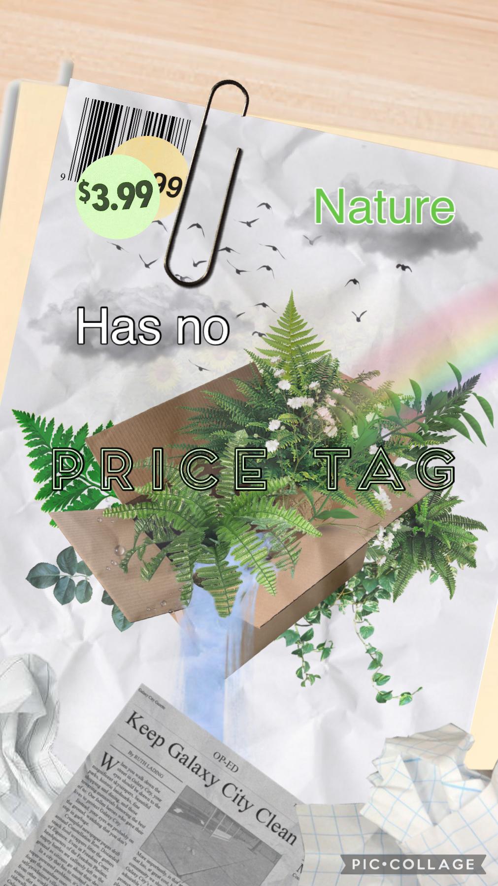 ♻️Tap🌱

“nature has no 𝕡𝕣𝕚𝕔𝕖 𝕥𝕒𝕘“ 
I made this and then realized earth day is like at the end of the month, so um, happy early earth day? Hope you like it! 💚