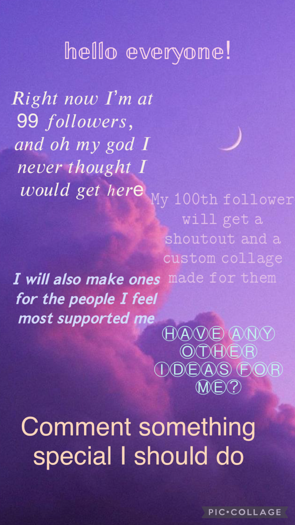 💜Tᗩᑭ💜

I just want to thank everyone who has helped me through this, it has been an AMAZING ride and I can’t believe I have a hundred amazing people following me! ⚠️DISCLAIMER⚠️ I won’t make a collage for any bot accounts/fake accounts/non-collagers who m