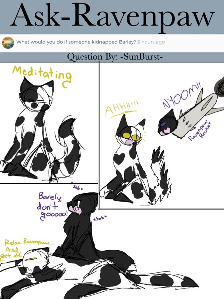 I like this one 😜 At first, I was gonna do a really sad and emotional scene of Barely in a cage and Ravenpaw on the other side. Thy would both have their paws on the door and be crying. BUT, WHY NOT DO RAVENPAW ROCKET 🚀 