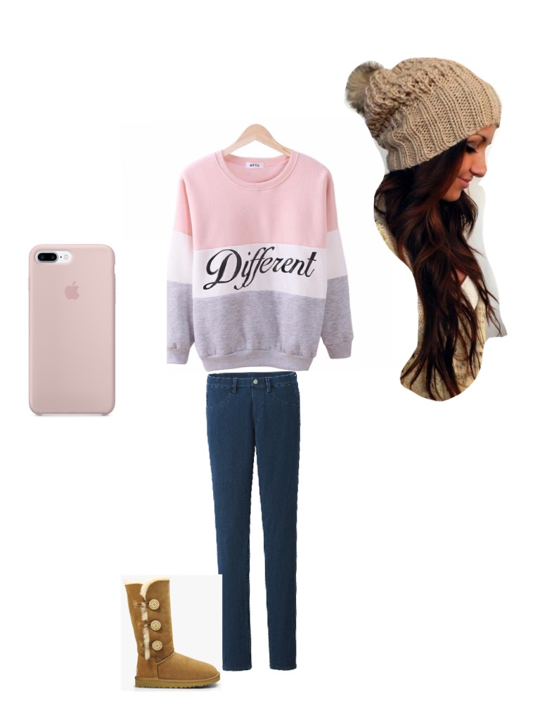This outfit is winter theme it has a cute gray and pink sweat/shirt that says "diffrent" and has blue jeans with ugg boots and curly hair with a hat and an iPhone 7 plus with a pink case:)