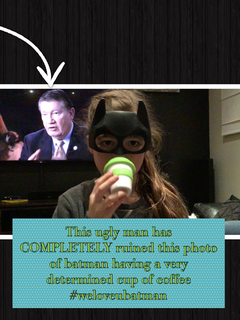 This ugly man has COMPLETELY ruined this photo of batman having a very determined cup of coffee 
#weloveubatman
