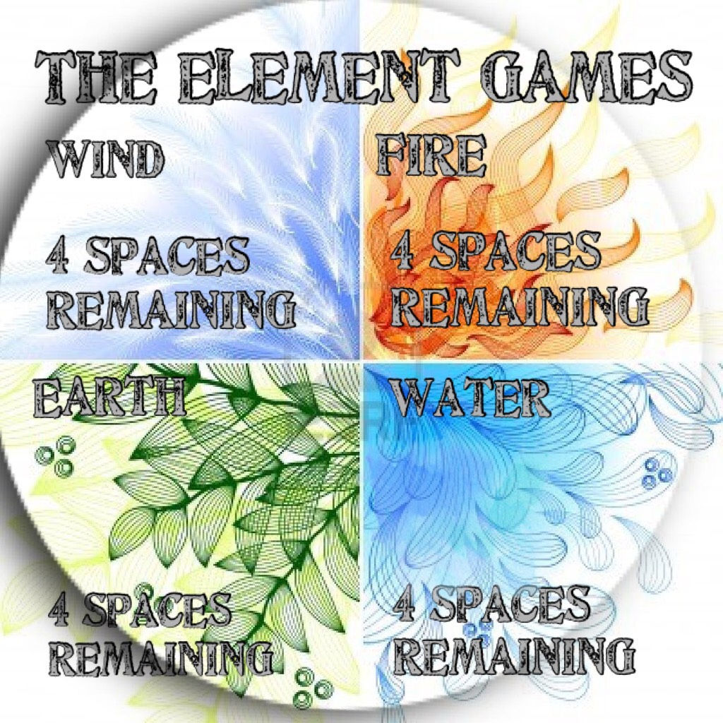 TAP

The Element Games
Please reply in order of which team you will like to be in (1=favourite 4=NO) Rules will be explained once there are 4 members for each team xxx

