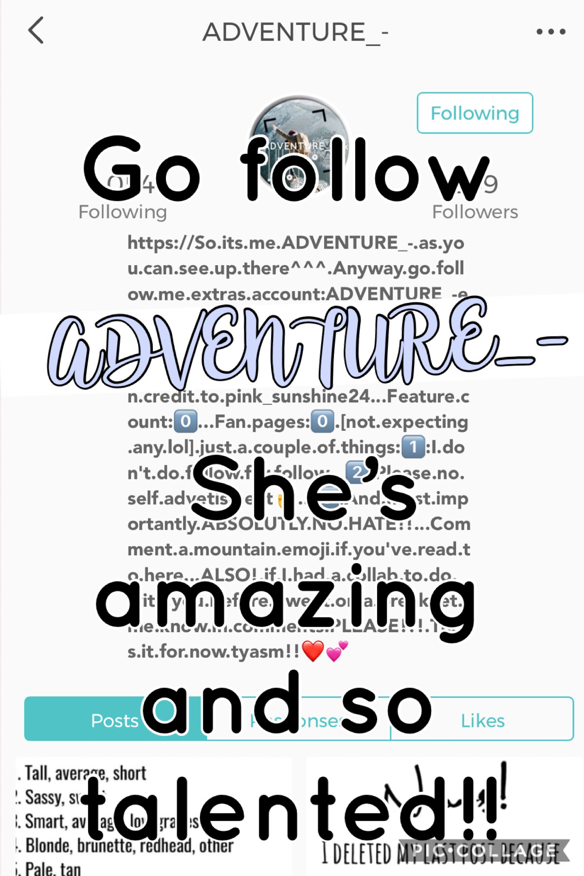 Follow ADVENTURE_- She’s so talented and awesome. Her collages are beautiful and deserves so many followers!💗💗💗💕💕💕💜💜💜❤️❤️❤️