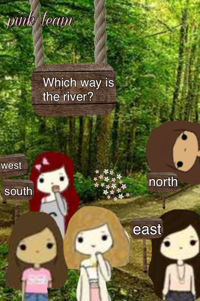 Which way is the river? Choose a direction (north, south, east, or west) you can split up or go together. Decide by Tuesday.  
