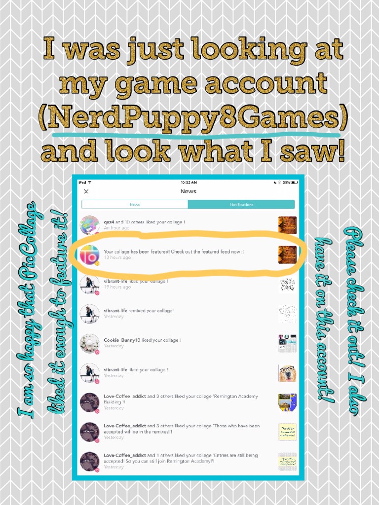 Tap

A couple of days ago, I joined on of PicCollage's contests and wasn't expecting to be featured, but I guess they liked it a lot! Thank you PicCollage for featuring my Thanksgiving collage. (btw, I was on my other account, NerdPuppy8Games- please chec
