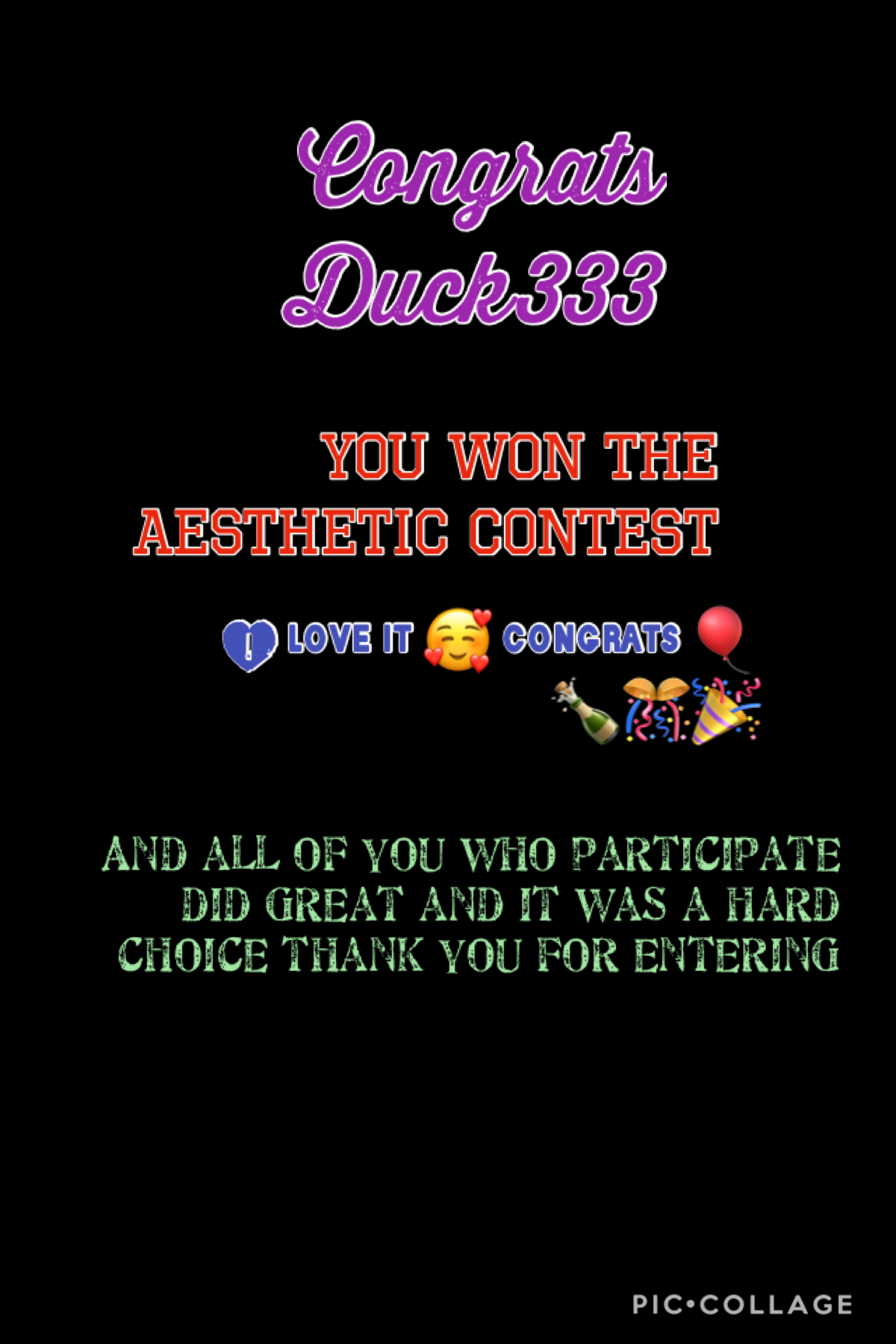 Congrats duck333 and thank you all for participating 