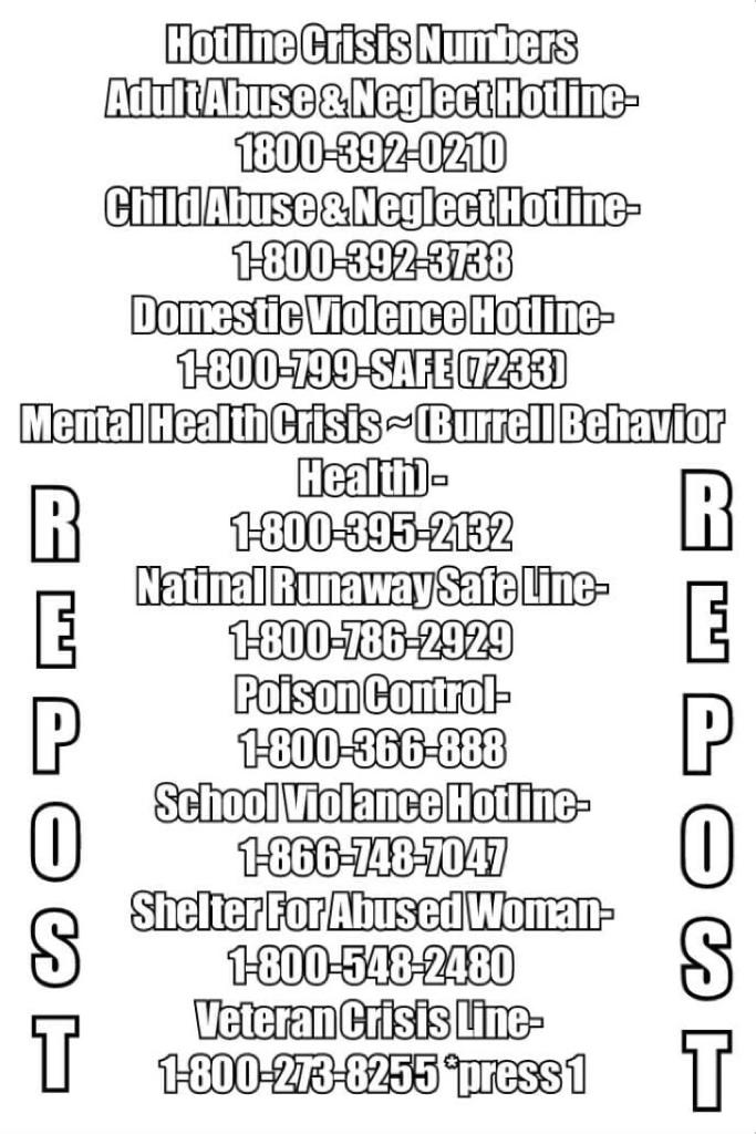 Reposted from @-TheEmoNation-🌑These are the crisis numbers for the U.S you can call if you're ever in any of these situations. Please repost and spread this around, I'm really sorry if this can't help you if you're outside the U.S.💙stay strong and stay sa