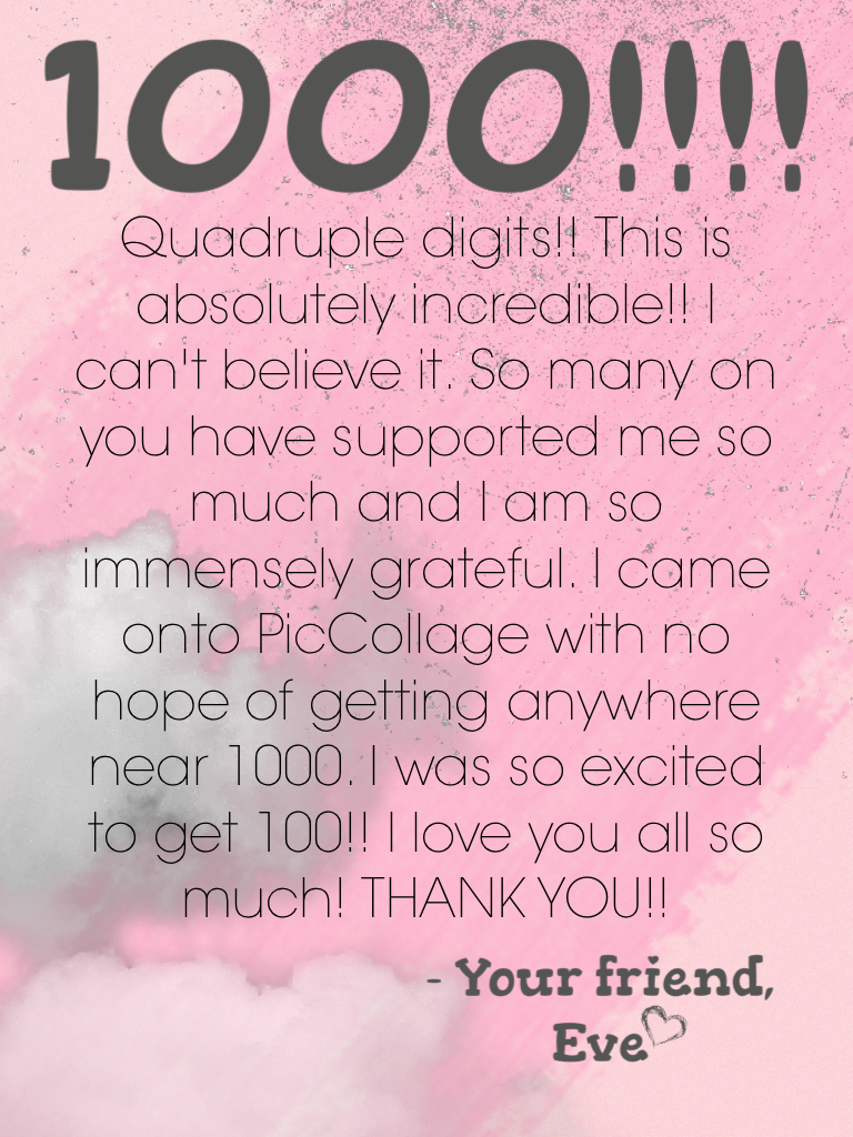 Click!! 💕 1000!!!! THANK YOU ALL SO MUCH!!!! 💕 Click!!
A few who have been with me forever - MollyPop5, KayBre, Slayinq-Snowflakes, iluvsushi, Triplet-klf, Unicorn9098, 123_Smile, Donut_Lover7 & so many more. Thx!!