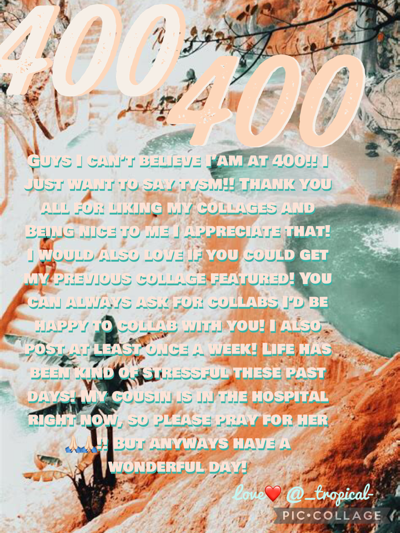 🌴🤍4-19-21🌴🤍( TAP please)
Hey everyone!
Thanks so much for 400 it means so much!!🥺❤️
Again ask for collabs! Anytime!!
Have a good  day/night!!
