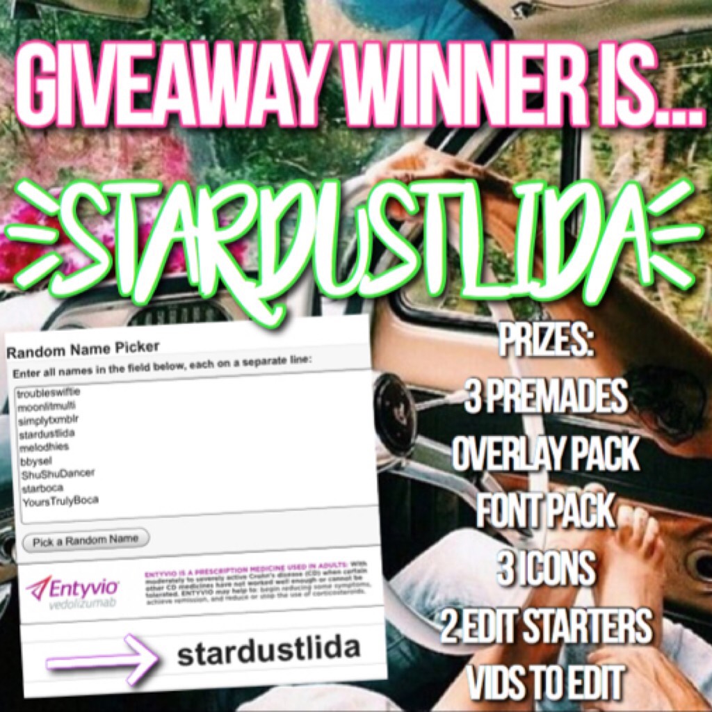 CONGRATS STARDUSTLIDA!! Comment what videos/person/color for the icons, edit starters, and premades!