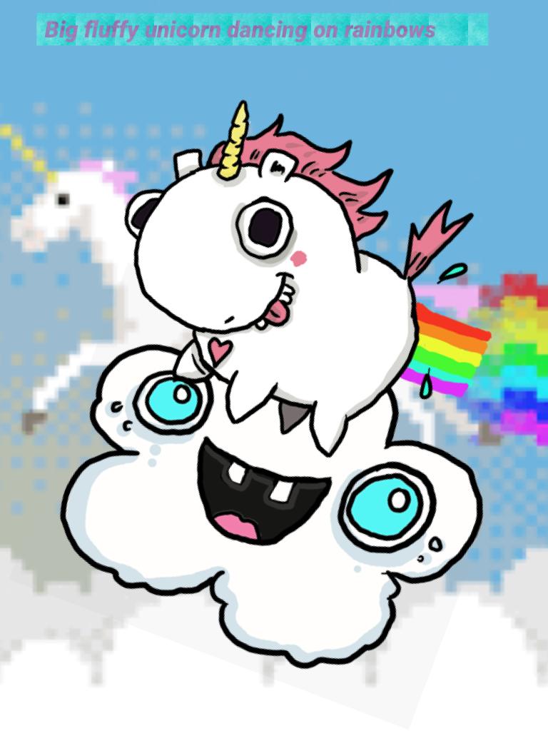 Big fluffy unicorn dancing on rainbows