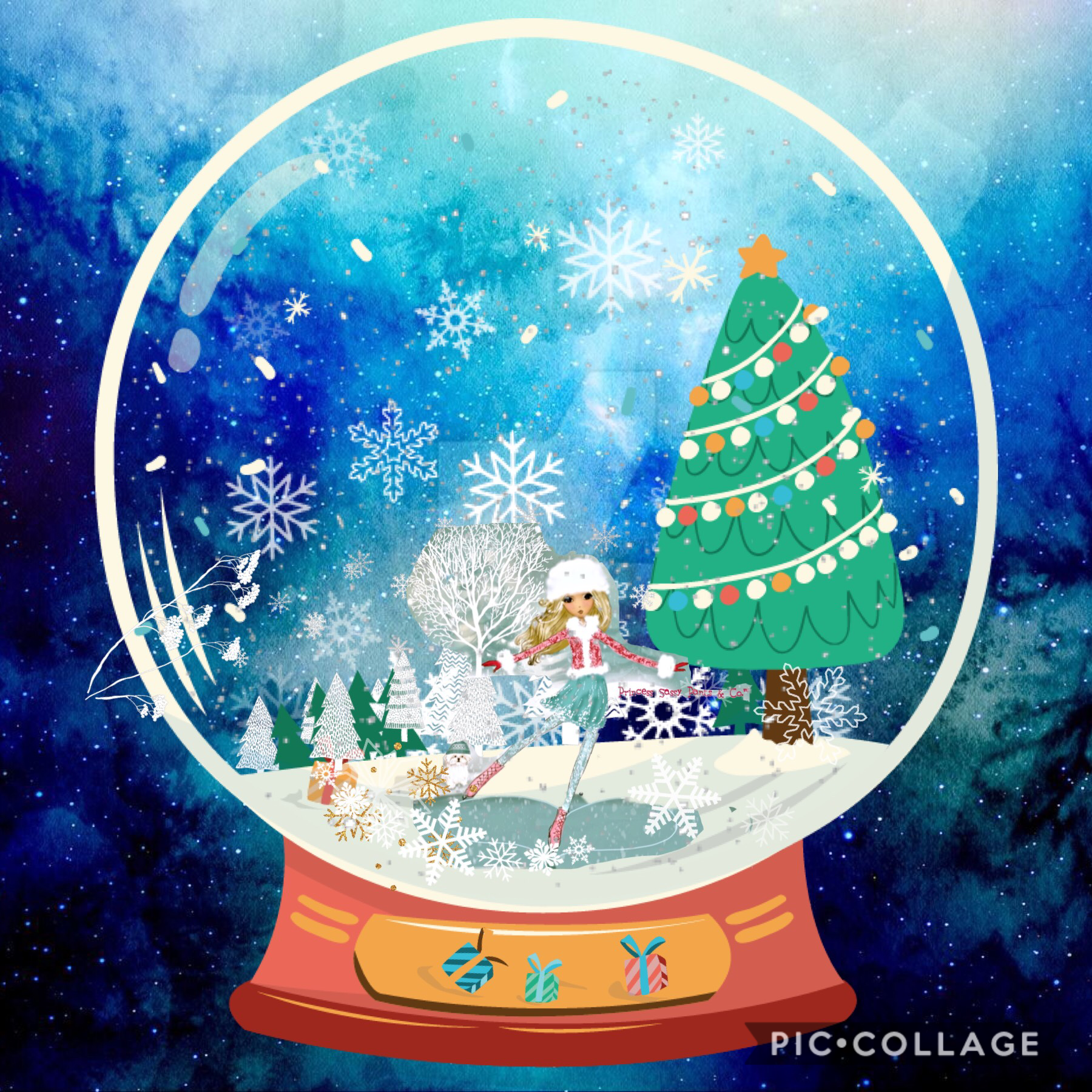 Snow Globe and an ice skater.
Just trying to test different pictures(Princess Sassy Pants) in this new Snow Globe background.