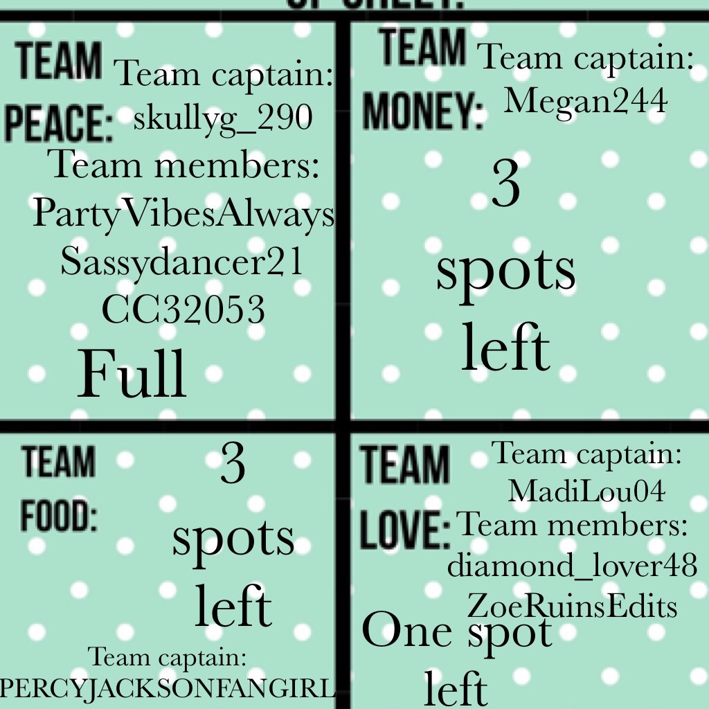Pic collage game sign up sheet put team name u would like to be on and then your username please thanks