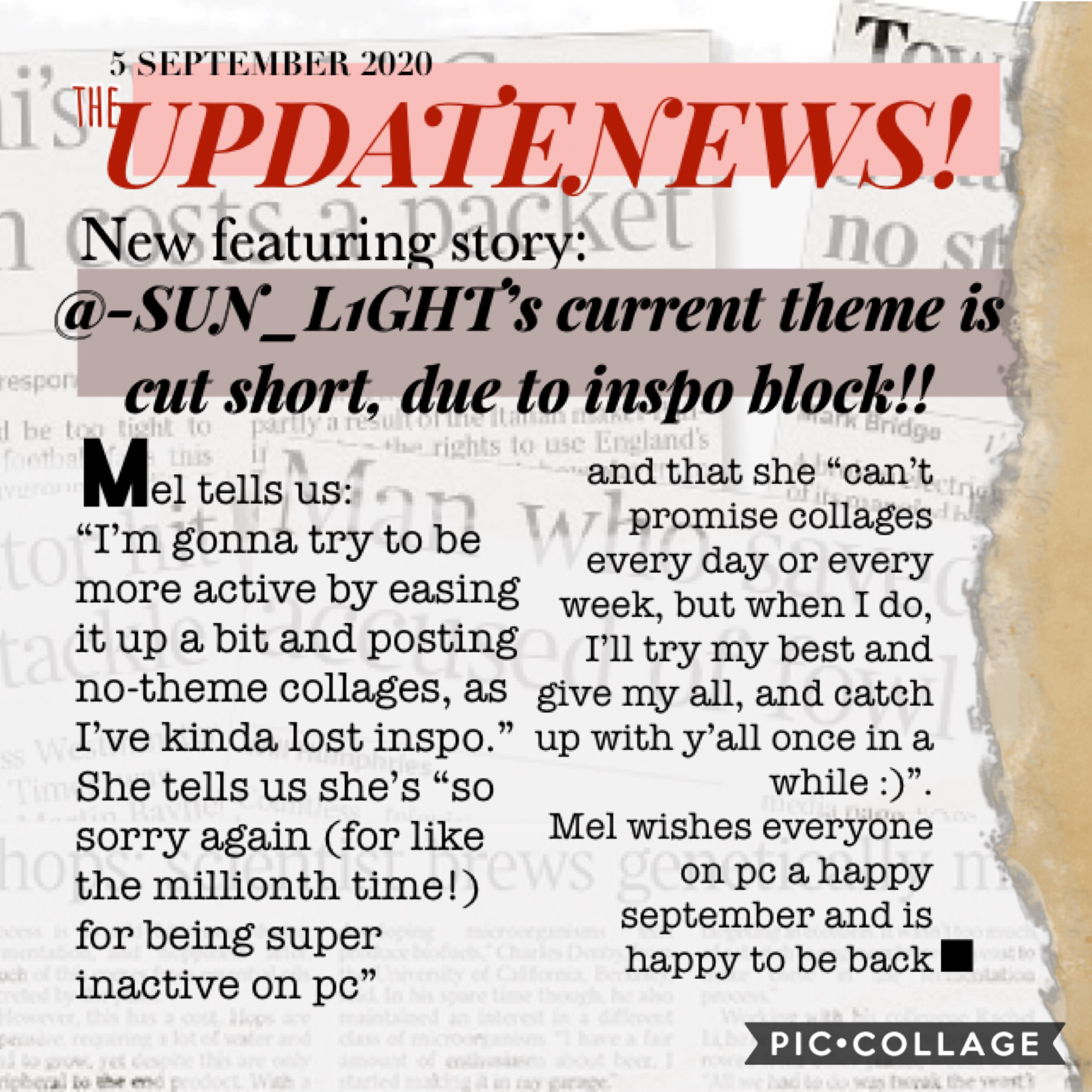 🗞 NEW! 📰 check out the latest update on @-SUN_L1GHT- (me!) on UpdateNews! [5/9/20]
(summary: no theme from now on, hopefully more active, though be flexible ;) and happy september! :D)