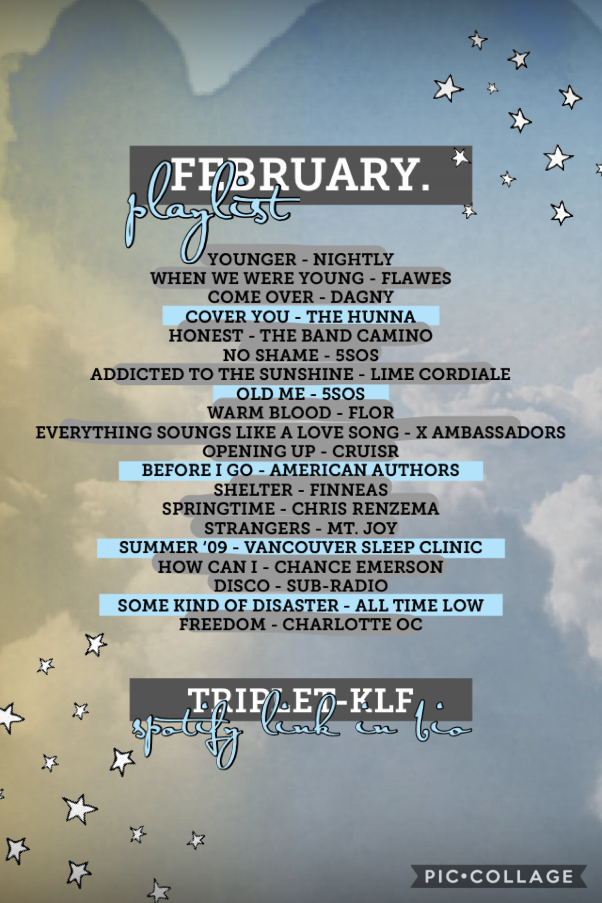 where did february go! it went by so fast! go give this playlist a listen (link in my bio)! how many of these songs do you know? the ones in blue are my favorite :) 

have a wonderful weekend! ✨🤍