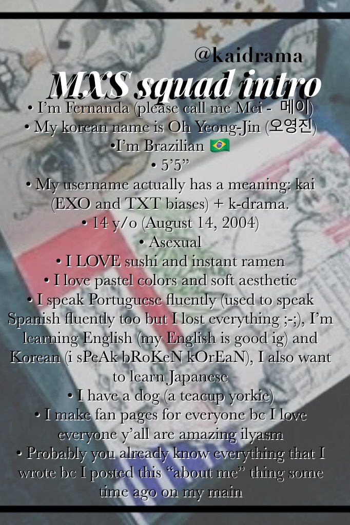 💫ｍｘｓ (tap)
Hello everyone! Welcome to MXS!
I’m kaidrama, aka Mei, the owner of the squad.
I hope you have a great time here!
Love y’all! 💞