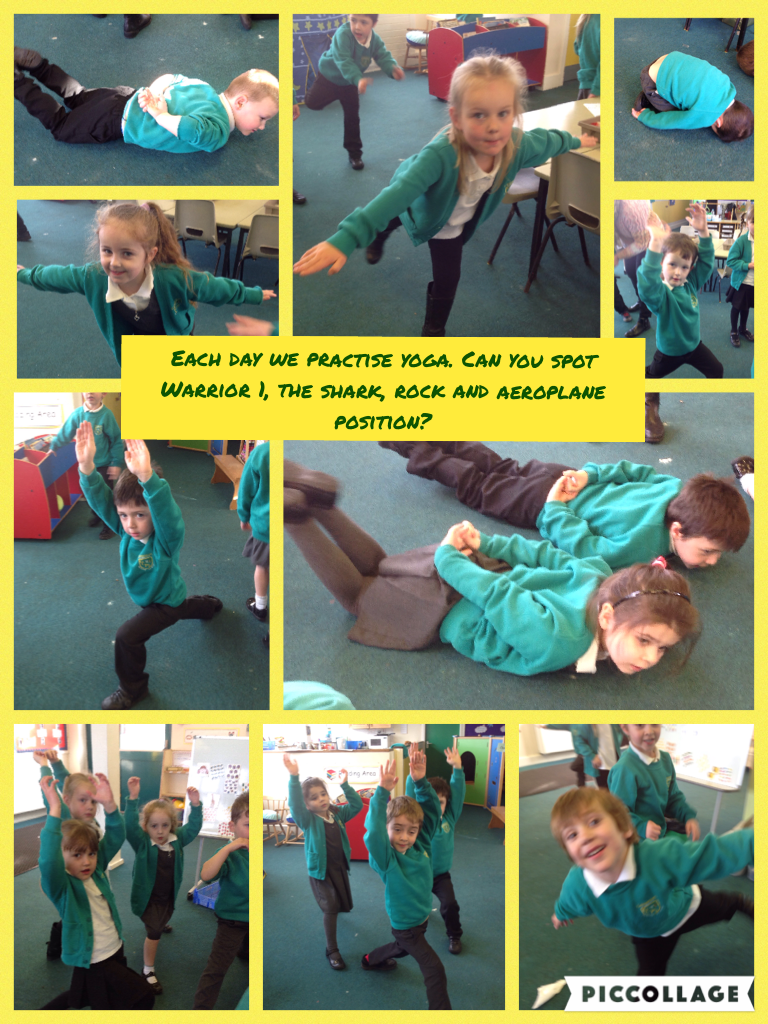Each day we practise yoga. Can you spot Warrior 1, the shark, rock and aeroplane position? #piccollage