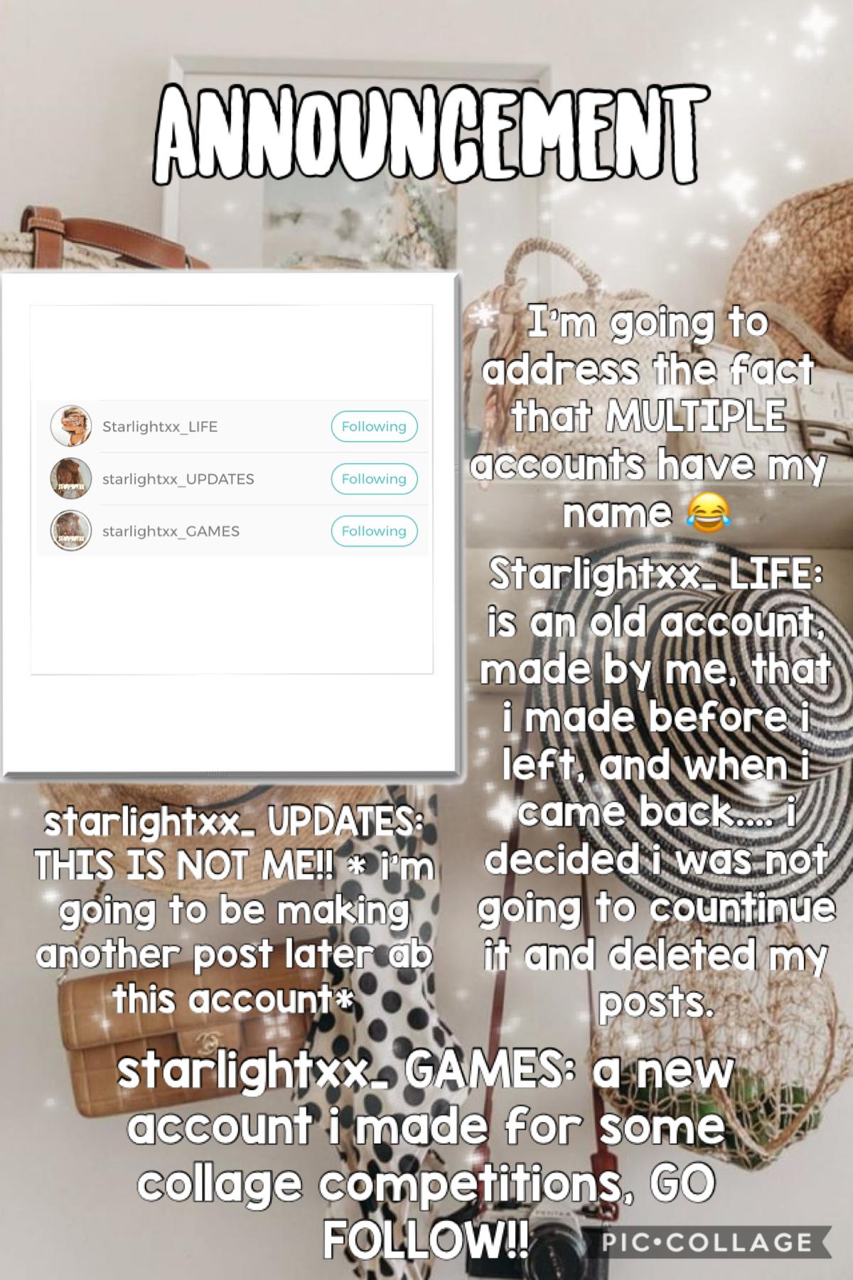 TAP

~recap~
starlightxx_ LIFE: old account i made, it’s not active but you can follow if you want!

starlightxx_UPDATES: this is not me, i’m going to make another post about this person later probably.

starlightxx_ GAMES: i made this for some collage co