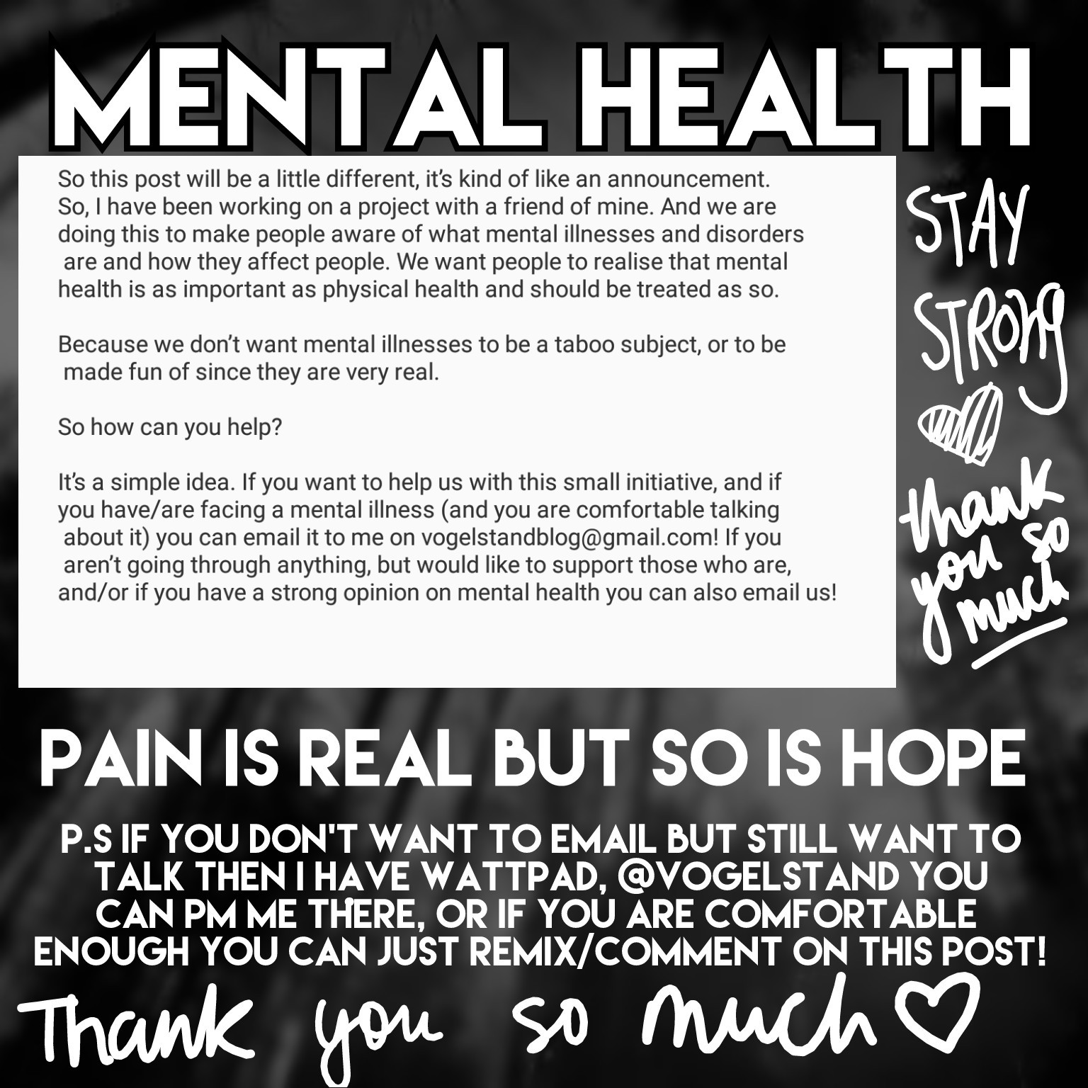 I just really want people to realise that mental health is important.