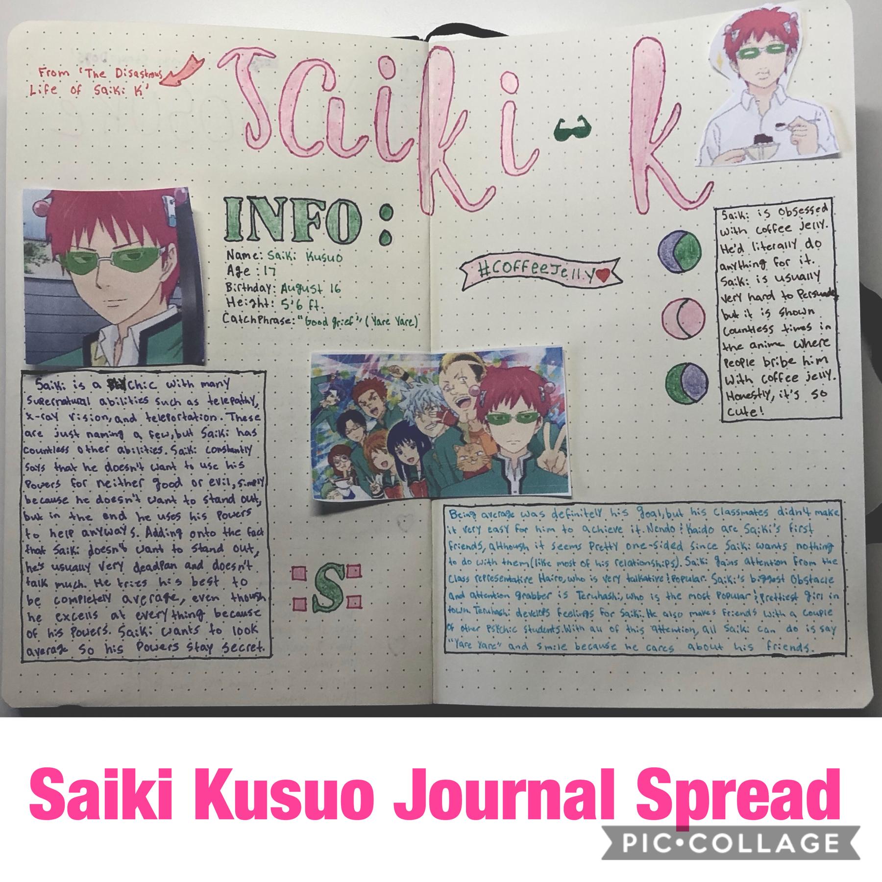 •💥•
Ahh hi I’m back with journal spreads! My printer malfunctioned so I had to try and fix it and yayyy it works now🤩! Anyways, watch Saiki K on Netflix bc it’s funny
