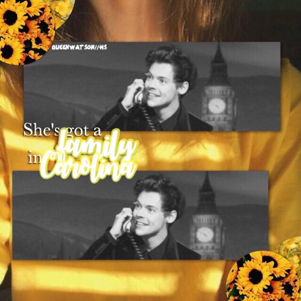 🌼tap🌼
Harry Styles #3
Yellow 🌼
Next: Green 🌴
Song: Carolina- Harry Styles 
"She's got a family in Carolina" 
Love always,
queenwatson 🌼