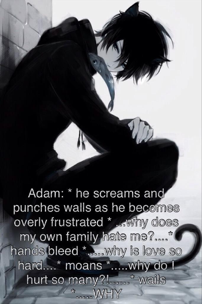 Adam: * he screams and punches walls as he becomes overly frustrated * ...why does my own family hate me?....* hands bleed *.....why is love so hard....* moans *.....why do I hurt so many?!......* wails *.....WHY