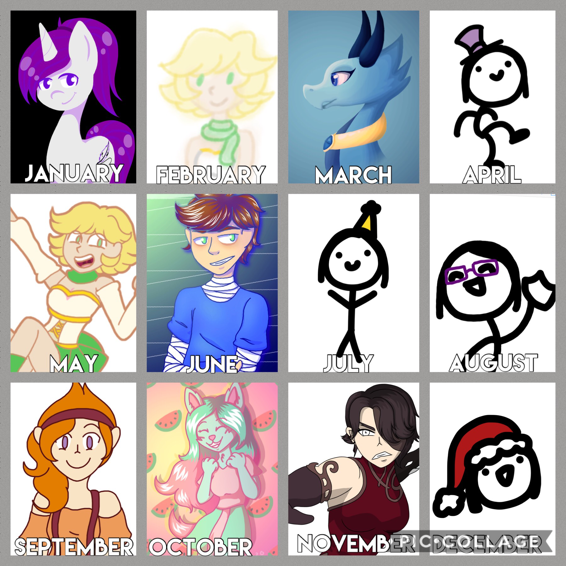 Tap
Consistently Inconsistent :3
You can probably tell which months I didn’t draw much *cough cough* april, july, and august
Also, I never shared my May drawing and never finished the November one