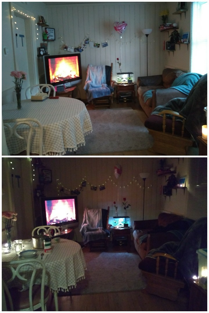this is what my living room looked like for our Valentine's date, before and after lighting all the candles, we had flowers and made soup together and had so much good conversation and cuddled, it was a really nice night
