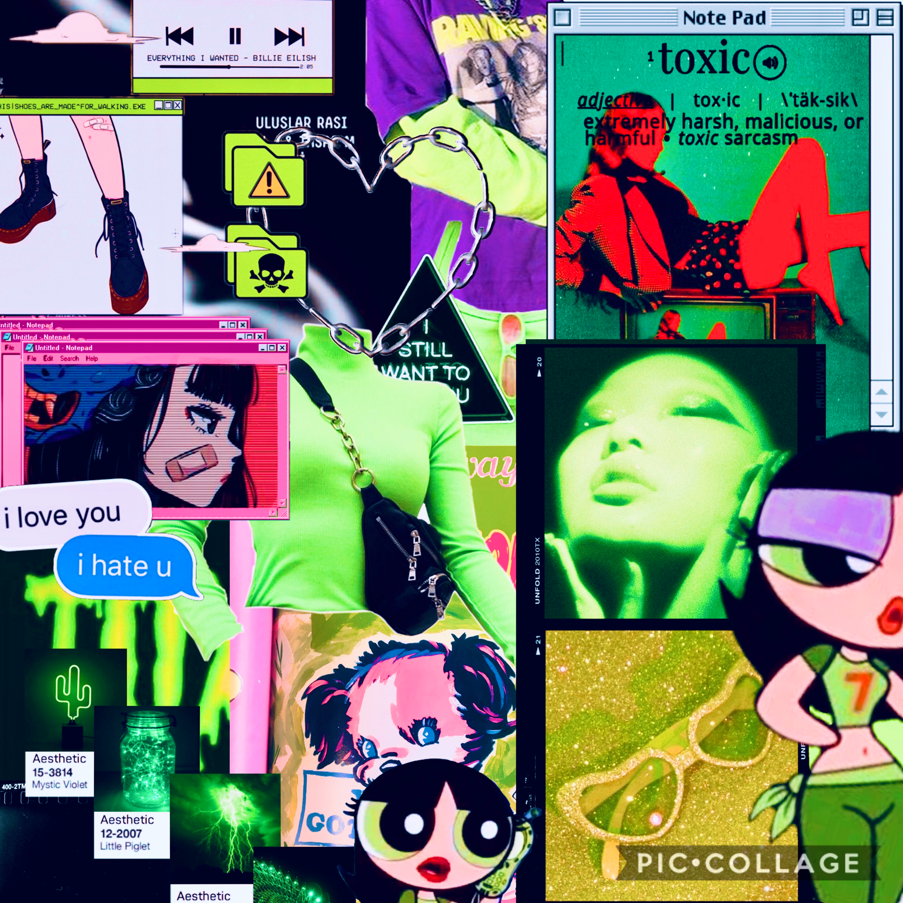wowowow ok (tap)
Hiiiii!!! So this wonderful idea was created by -seacritter- and the idea was to make a collage that is way out of your comfort zone and colors that you don’t like. So for this i used a lot of neon green and I don’t really like that color