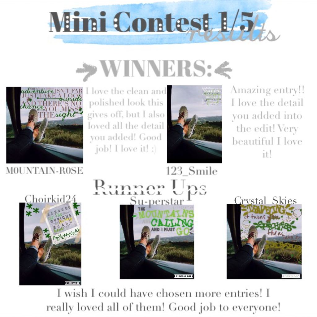 It was so hard to choose! Runner Ups get 20 likes! :) Please enter my next contest!