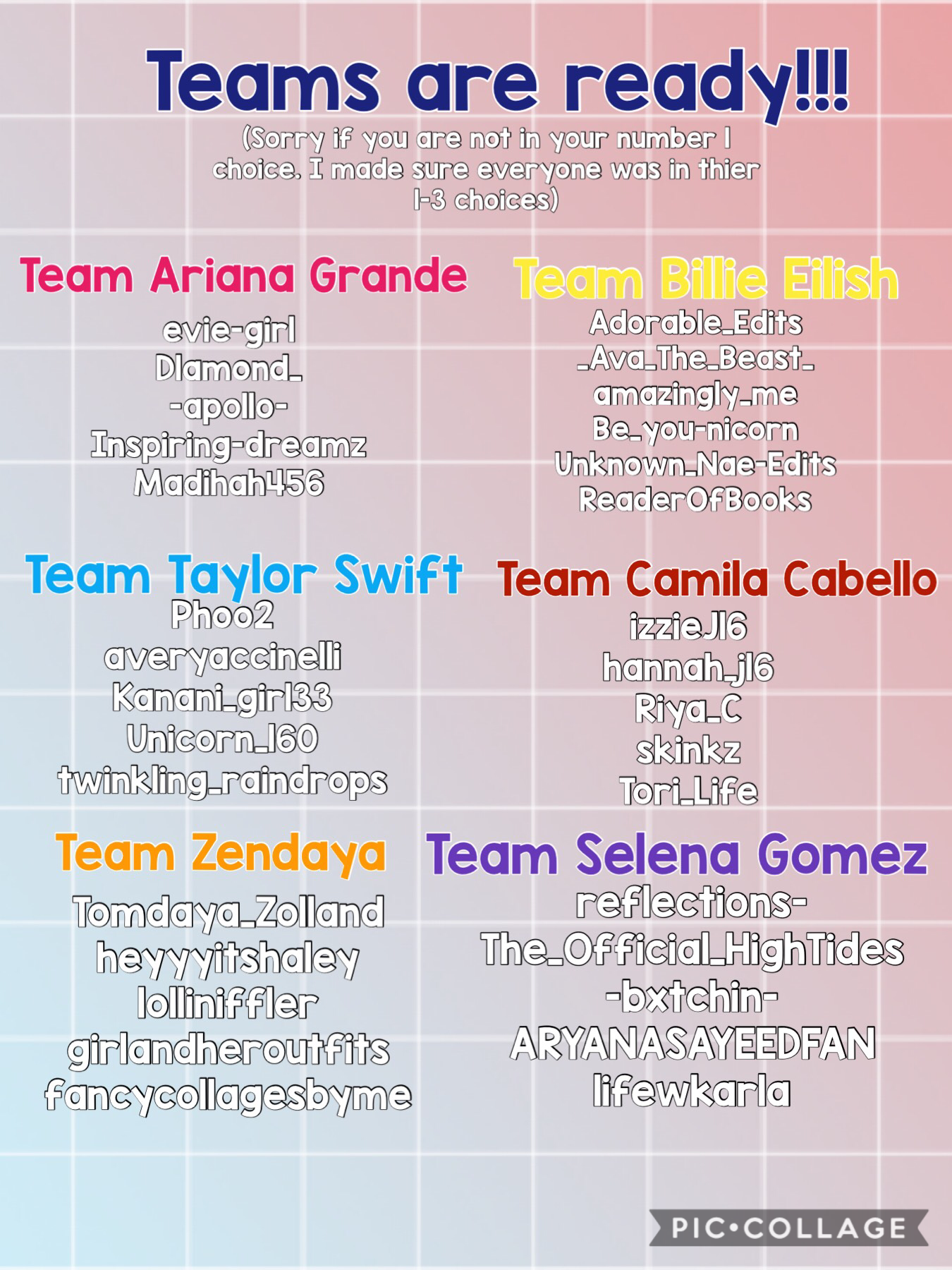 Here are the teams!! Round 1 starts soon!! Thank you sm to everyone who entered!! ♥️