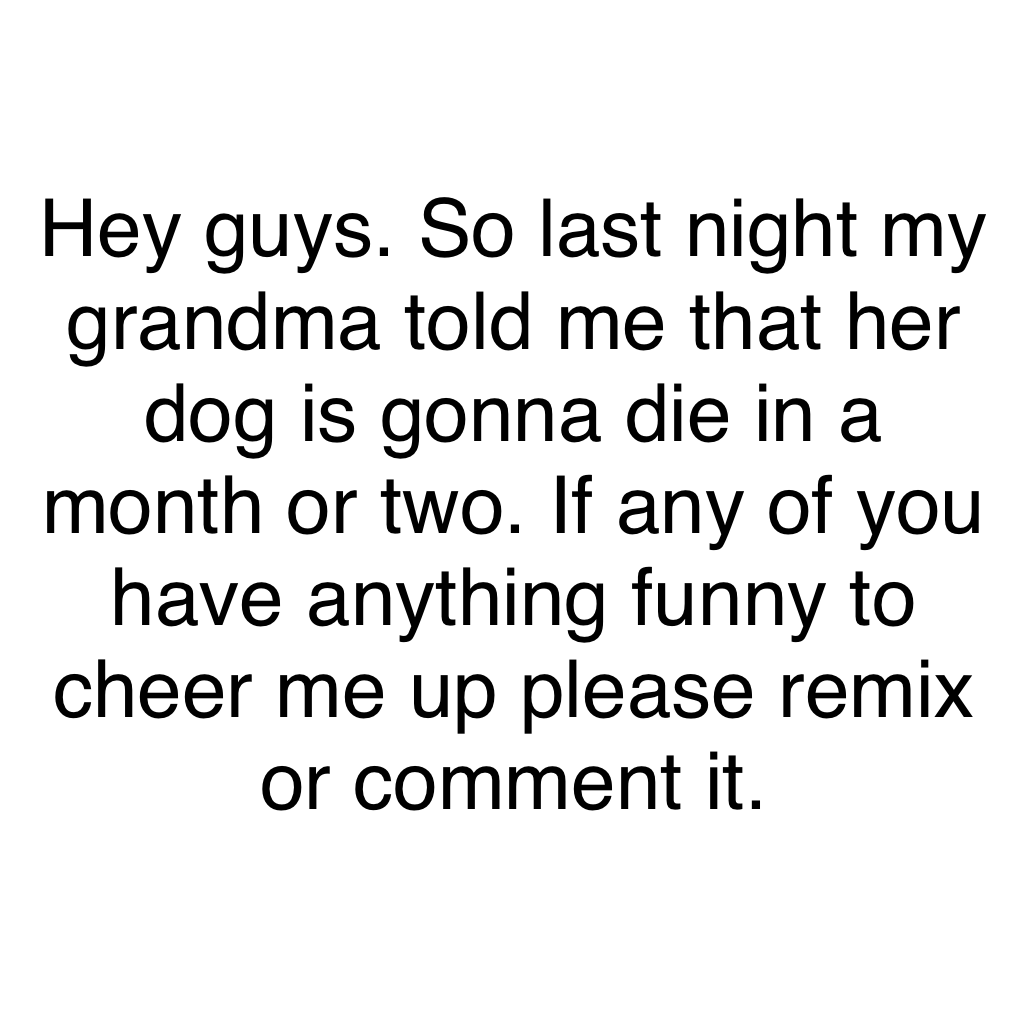 Hey guys. So last night my grandma told me that her dog is gonna die in a month or two. If any of you have anything funny to cheer me up please remix or comment it. 