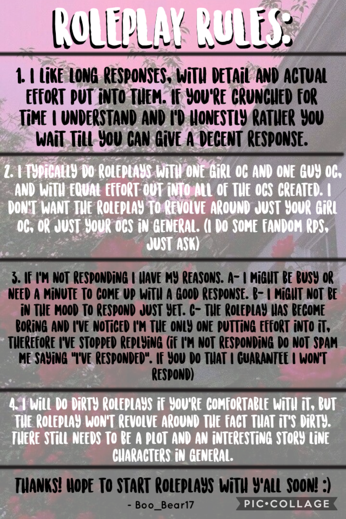 🌸roleplay rules🌸
•please read before you ask to roleplay
•and it’s not mentioned by if you get offended by me not responding you’ll be blocked ✌️
•song rec: Sycamore Girl by Rex Orange County