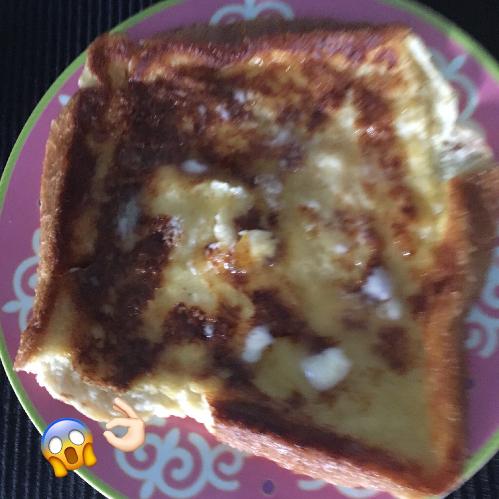 🍞TAP🍞

It’s a bit blurry but there is a photo of the French toast I made, I was delicious!!!! I don’t like egg, so this makes me like it and lets my body get all the healthy parts of the egg. I sound so smart by saying that LOL