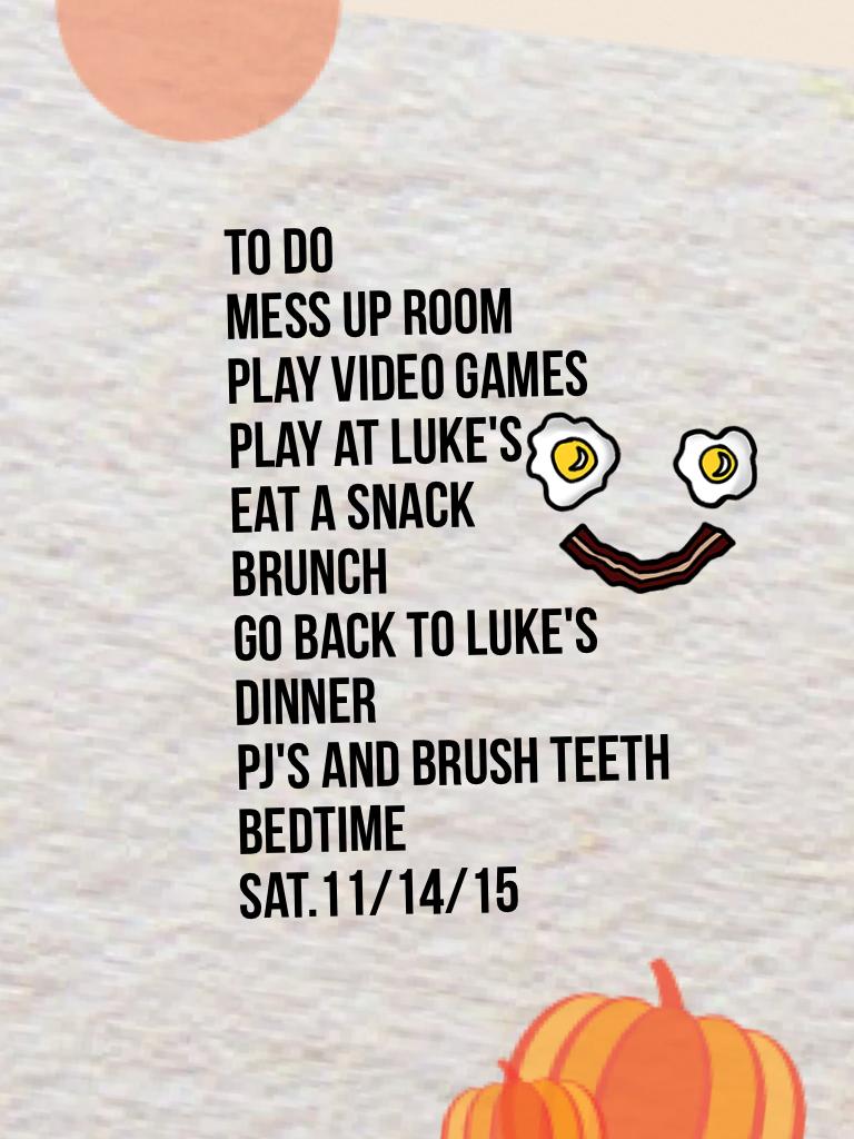 To do
Clean up👎
Play video games 👍
Play at Luke's 
Eat a snack 
Brunch
Go back to Luke's
Dinner
PJ'S and Brush teeth 
Bedtime 
Sat.11/14/15