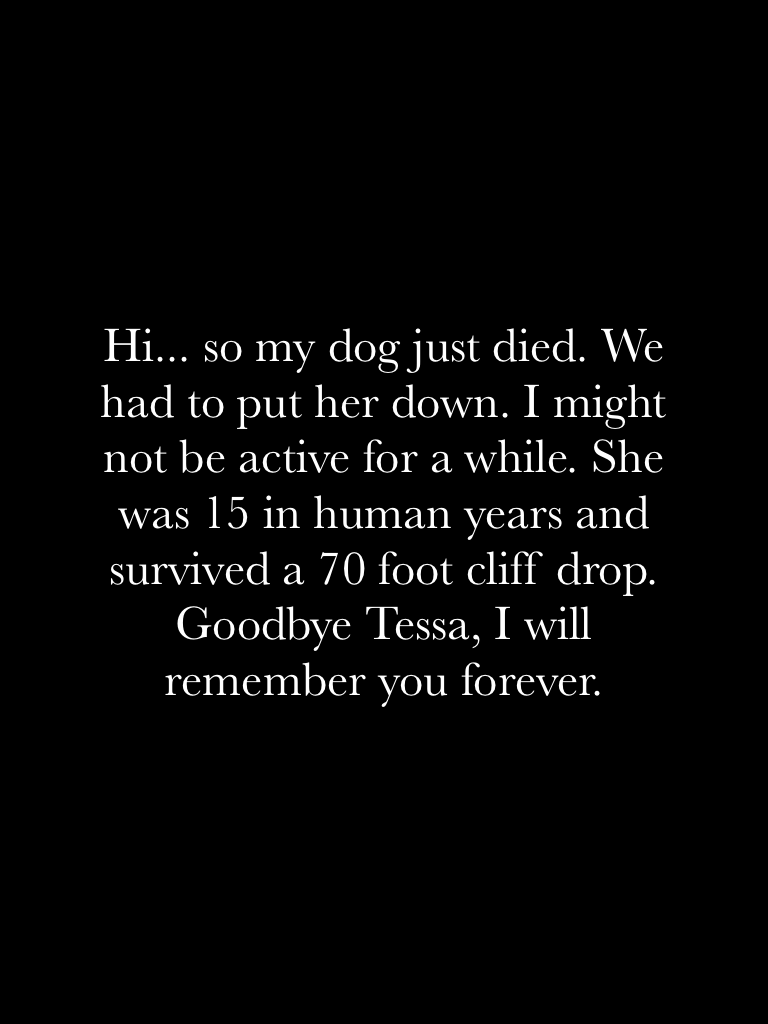Hi... so my dog just died. We had to put her down. I might not be active for a while. She was 15 in human years and survived a 70 foot cliff drop. Goodbye Tessa, I will remember you forever.