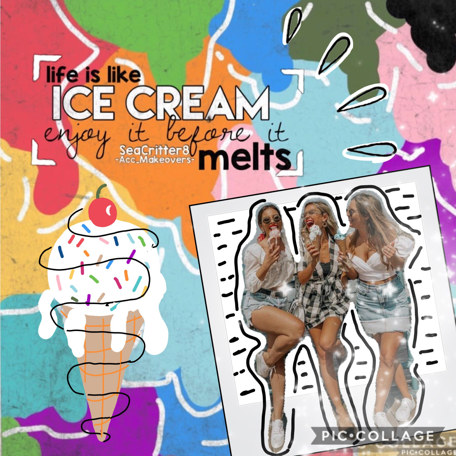 Collab with the amazing -acc_makeovers-, she did the text,💕this was my first drawing collage what do you guys think of the bg and ice cream? 💗