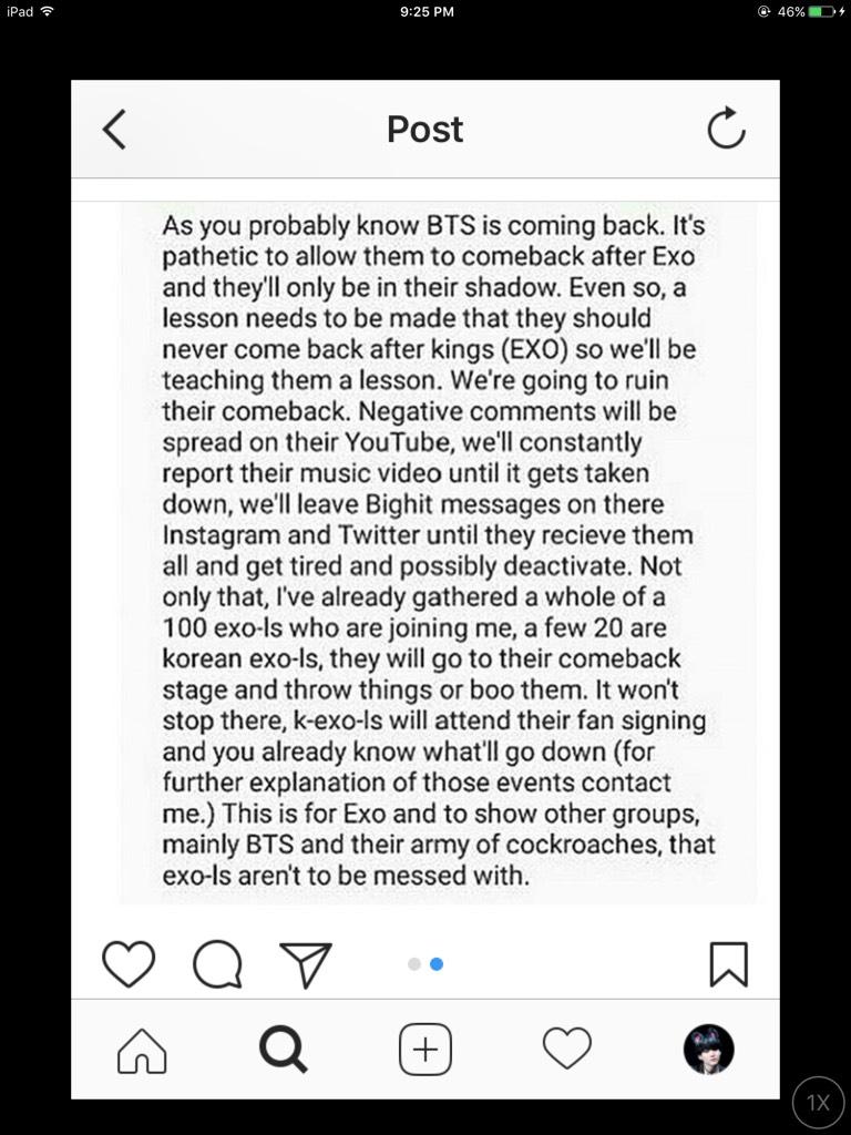 😡TAP😡

THIS HAS GONE WAY TOO FAR! WHY ARE SOME EXO-Ls AND ARMYs so immature?! OMG! Would either group want their 'fans' to do this to the other group?! I'm triggered af right now!