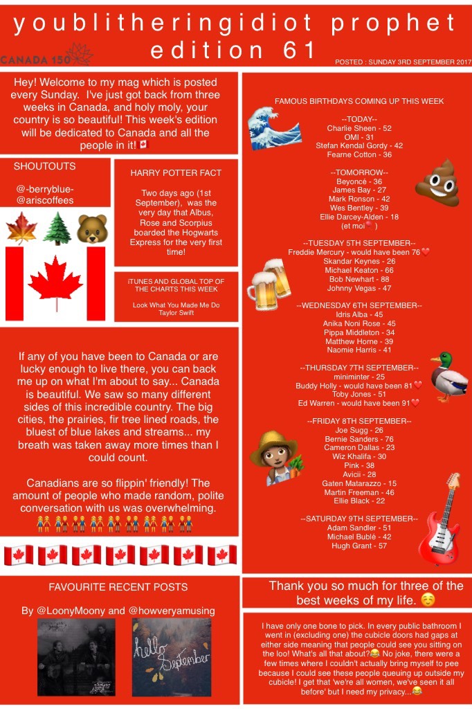 youblitheringidiot is typing...

//Happy Belated 150th Canada!🍁
//I added some emojis that won't mean anything to you but they represent personal memories I made and I just wanted to add them in:)