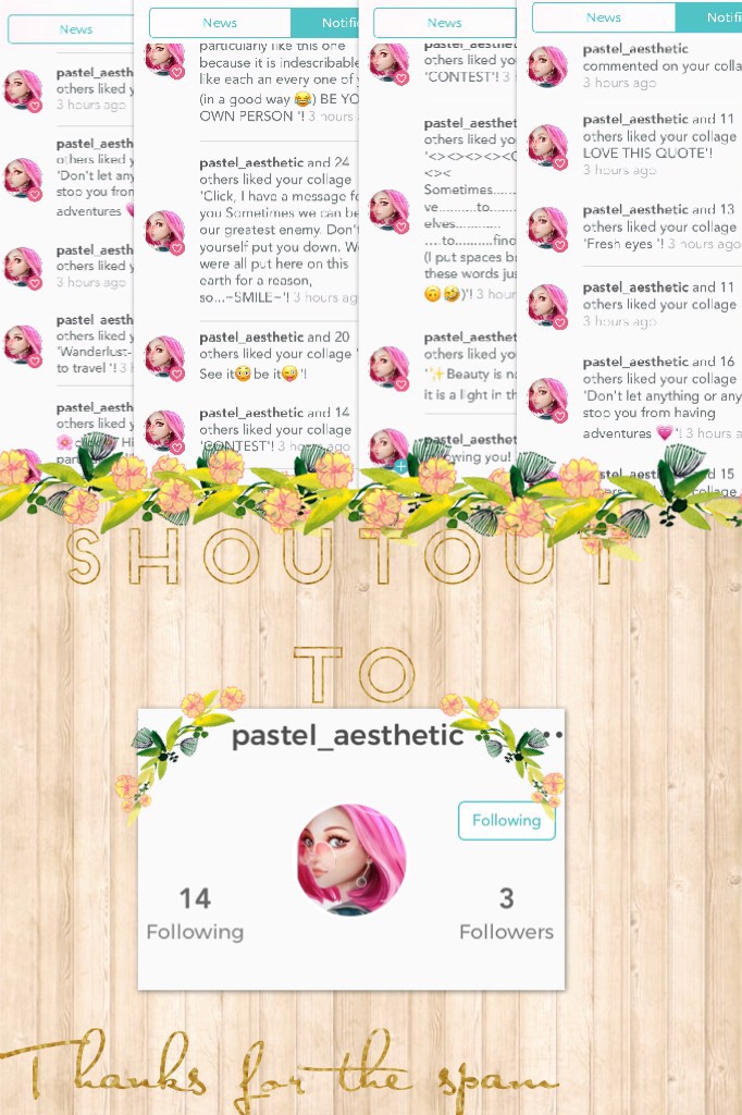                   💖Click💖

Thanks pastel_aesthetic!! And to everybody else, you can earn a shoutout by being my 100th follower or by spamming. Love you guys and remember to always think positive💖💖
 