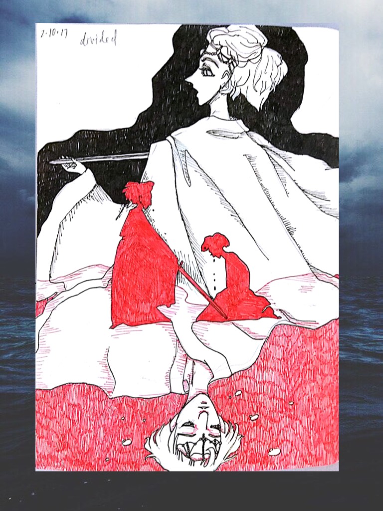 [2.10.17//2022] inktober day two. //Two brothers fighting for the throne. Red for love and blood. Black for the darkness in thy heart. Sea for pain and defeat. Sword for what he killed.// even implied, the king didn't kill but exiled the brother