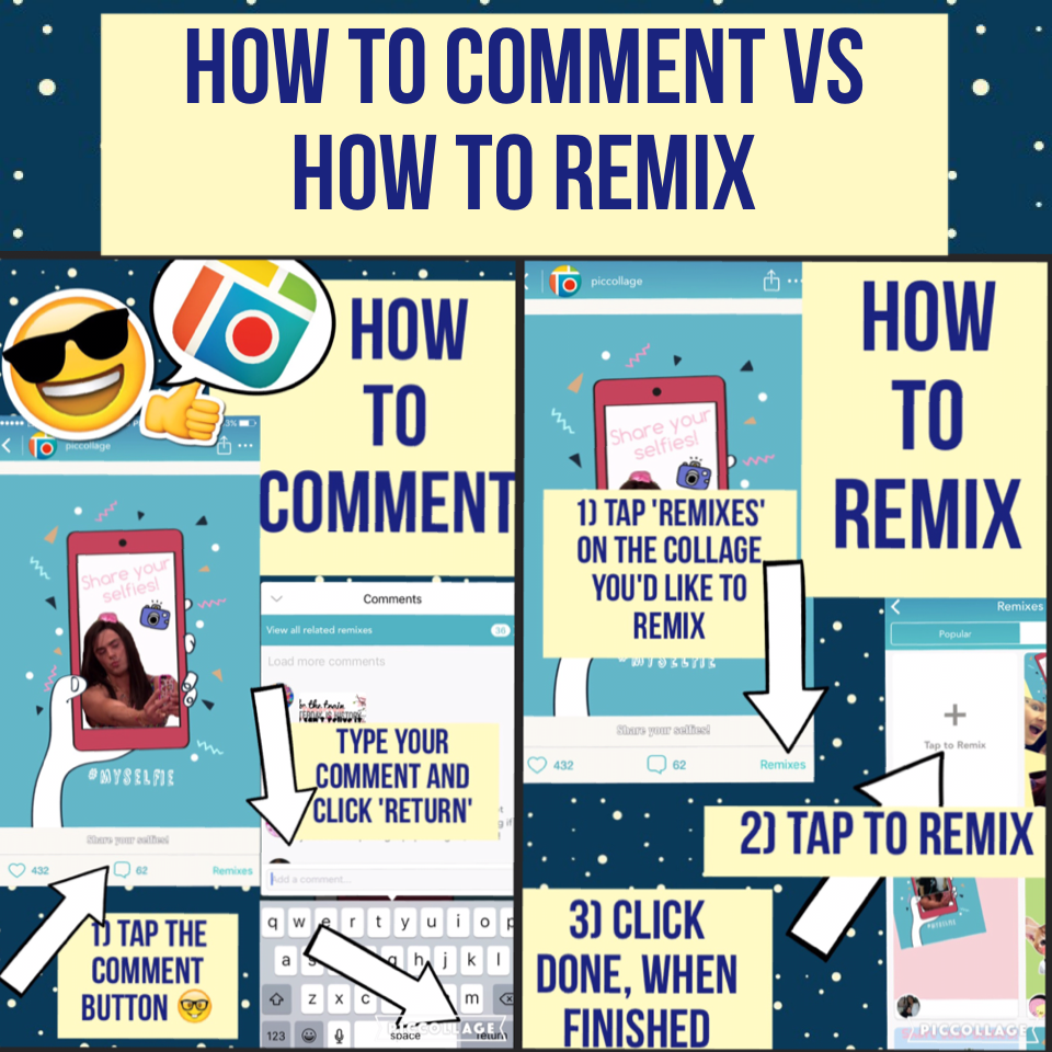 How to comment vs how to remix!

In honor of our contest, here's how to comment verses how to remix. 

Please check out our contest on PicCollage!