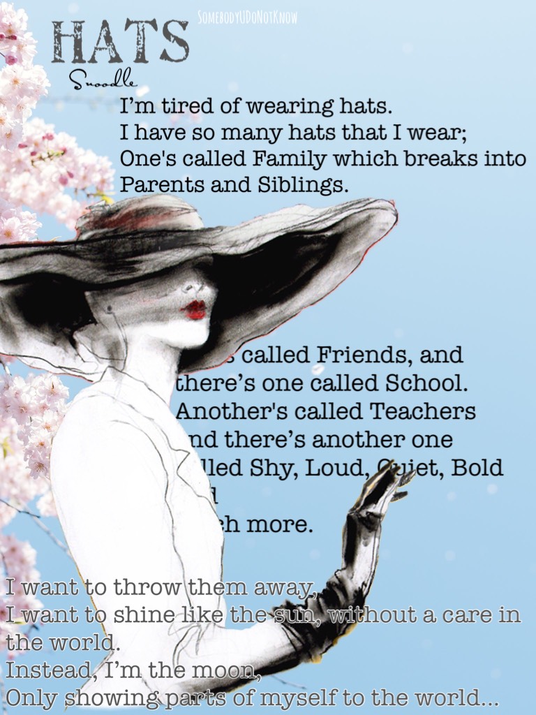 A short excerpt of a poem I’m doing called Hats. Guess what I’m comparing hats to! 