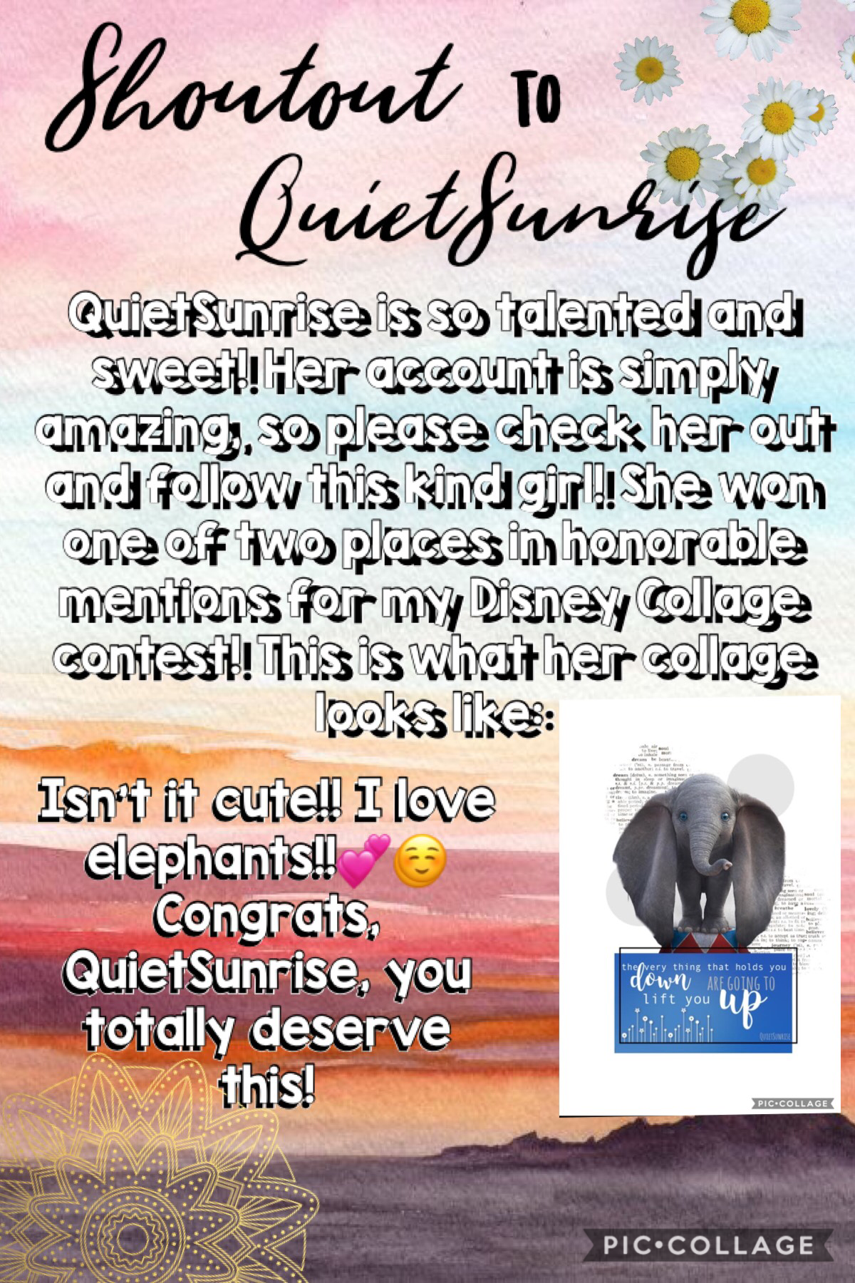 Shoutout to QuietSunrise! 👍🏼💕 her account is super cute! Congrats for winning honorable mention in my contest!!