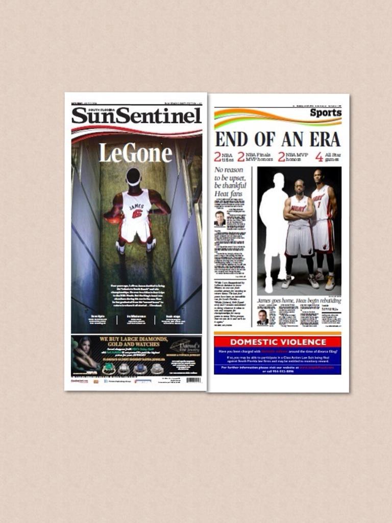 The SunSentinel newspaper and sports fronts of LeBron James returning to Cleveland.
