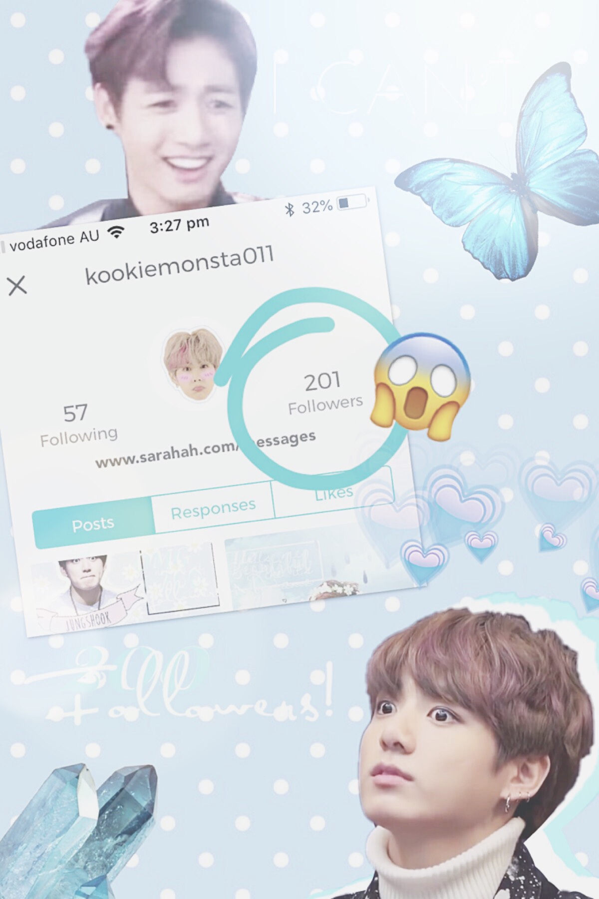 •kookiemonster011•
IM SO EXCITED!! Literally hours after I posted my last collages IVE ALREADY HIT 200!!!!!
❤️❤️❤️❤️
Special thanks to Wolfiee2006 for the shout outs. I hope that we can become better friends 😊