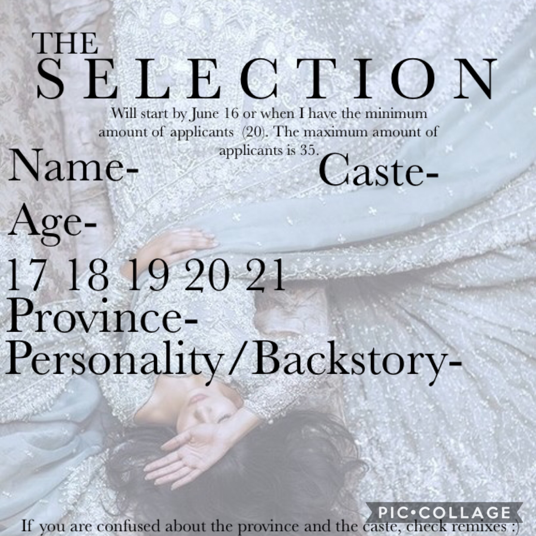 💫•Tap•💫
Welcome to The Selection! Please fill out the form above, and wait patiently till it begins. Lot’s of love, Kat.
