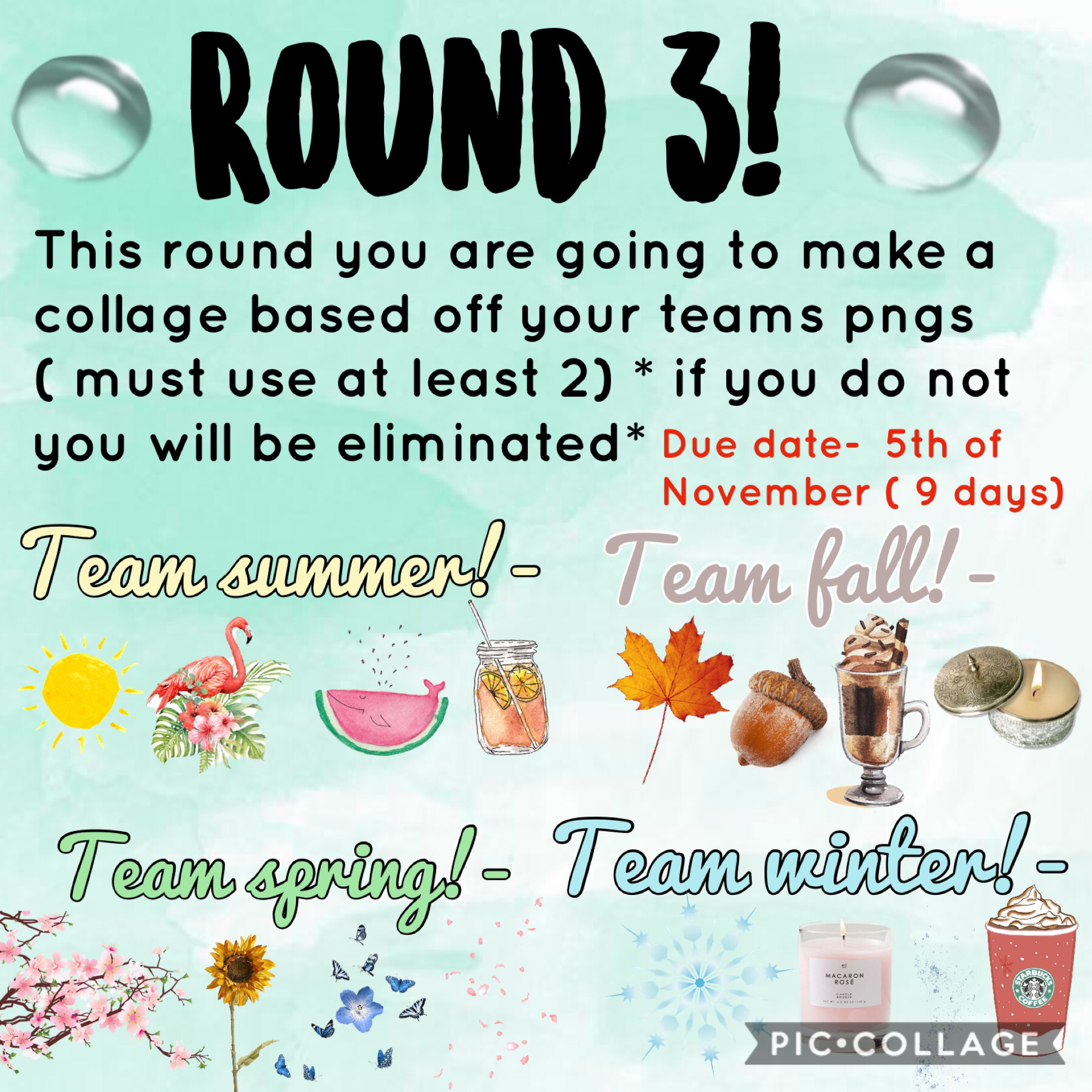 Good luck everyone! And remember you can make any type of collage you want as long as it includes your season and at least two pngs. Have fun everyone!!💕